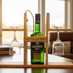 Transcento Decor handcrafted wooden bottle and glass caddy holding a green Oaksmith Gold whisky bottle and two inverted wine glasses on a wooden table.