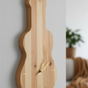 Handcrafted guitar-shaped wooden wall clock made from natural pine with gold hands, minimalist home decor