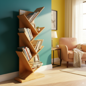 A vertical tree-shaped bookshelf made of light natural wood with diagonal shelves, isolated on a white background.