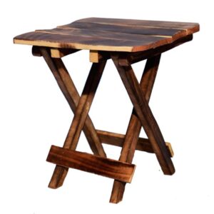 Small folding wooden stool with dark walnut finish and X-frame legs for portable seating or home decor.