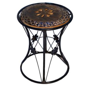 Hand-carved circular wooden top stool with an hourglass black metal base and floral accents.