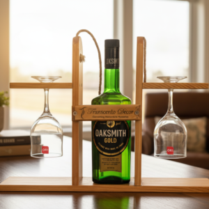 Transcento Decor handcrafted wooden bottle and glass caddy holding a green Oaksmith Gold whisky bottle and two inverted wine glasses on a wooden table.