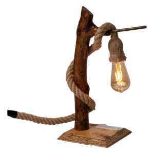 A rustic table lamp made from a natural wood branch wrapped in hemp rope, featuring a glowing vintage Edison bulb, set on a wooden side table.