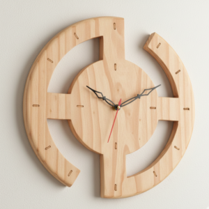 Unique geometric wooden wall clock with a natural finish mounted on a white canvas in a black paneled minimalist bedroom.