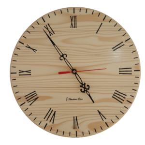Round light-grain pine wood wall clock featuring black Roman numerals and ornate black hands with a red second hand.