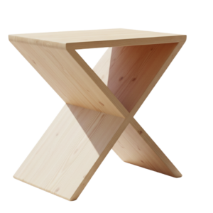 A modern side table made of light-colored natural wood featuring a unique geometric X-frame base and a smooth rectangular top.