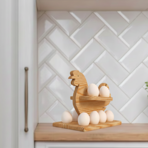 A rustic wooden hen-shaped egg holder holding white eggs on a kitchen countertop with white herringbone tile backsplash.
