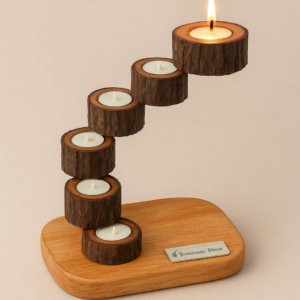 A rustic candle holder made of stacked natural wood logs in a spiral design holding tea light candles on a smooth wooden base.