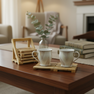 Handcrafted mini wooden pallet coasters with matching holder featuring two ceramic coffee mugs on a white background.