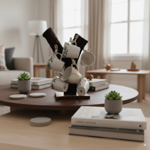 A handcrafted mug tree stand made from a natural tree branch with bark, holding six ceramic coffee cups on a white table.