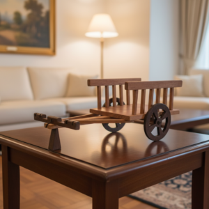 Handcrafted wooden bullock cart model with dark brown wheels and polished finish, displayed on a white surface.