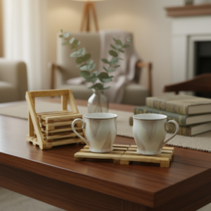 Handcrafted mini wooden pallet coasters with matching holder featuring two ceramic coffee mugs on a white background.