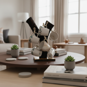 A handcrafted mug tree stand made from a natural tree branch with bark, holding six ceramic coffee cups on a white table.