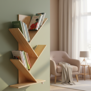 Modern tree-style wooden bookshelf made of natural pine wood mounted on a sage green wall with books.