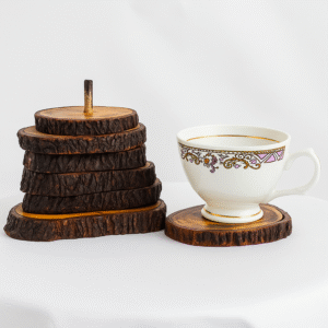 Circular Wooden Log Tea Coaster Set  (Centrally Attached)