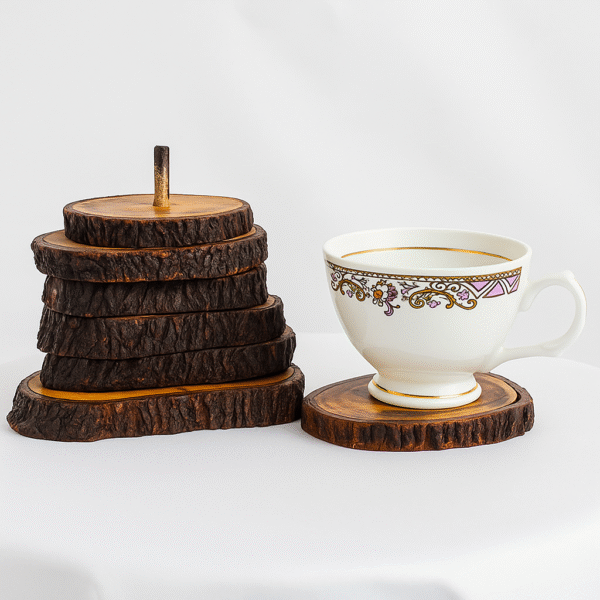 Circular Wooden Log Tea Coaster Set  (Centrally Attached)