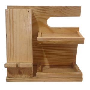 Handcrafted pine wood desk organizer with a built-in mobile phone stand, pen holder, and stationery trays on a black background.