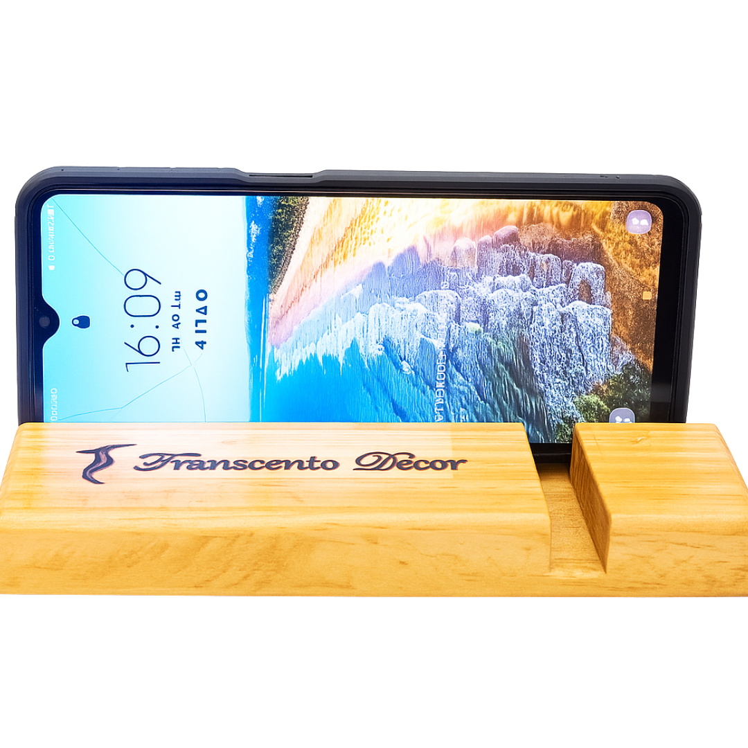 A polished light-grain wooden desk organizer and phone stand with the "Transcento Decor" logo engraved, isolated on a white background.
