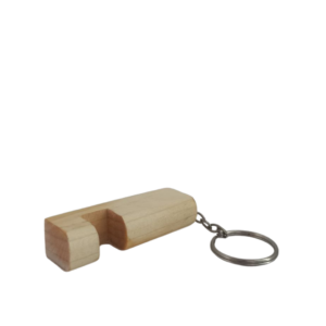 A small, handcrafted light wood keychain with a built-in slot to serve as a portable mobile phone stand, isolated on a white background.