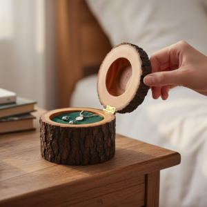 A small rustic jewelry box made from a natural tree log with dark bark and a hinged circular lid, shown open on a white fabric surface.