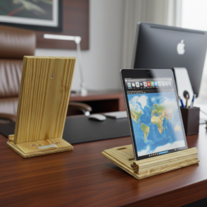 Two handcrafted wooden tablet stands holding an iPad on a dark wood executive desk with a professional office background.