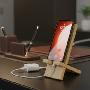 Two handcrafted wooden mobile phone stands, one featuring a custom-engraved logo for DreamBIG Financial Solutions with contact details.