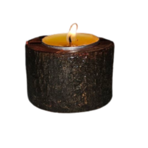 A single natural dark bark wood log tea light holder with a lit candle, isolated against a black background.