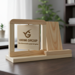 Handcrafted wooden desk organizer featuring a rotating engraved business sign, a phone stand, and a pen holder slot.