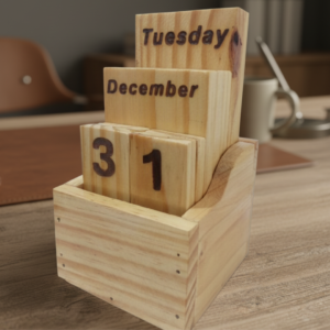 A rustic wooden desk lamp made of pine with an Edison-style bulb and a built-in mobile phone stand on a white background.
