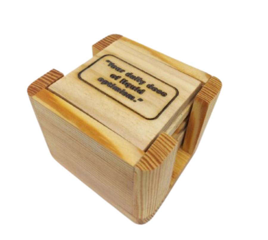 Pine wood square tea coasters with quotes engraved