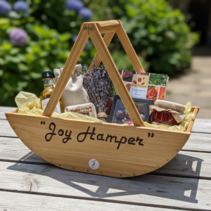 A handcrafted light-wood gift basket titled "Joy Hamper" in cursive script, featuring a triangular handle and a small circular logo at the base.