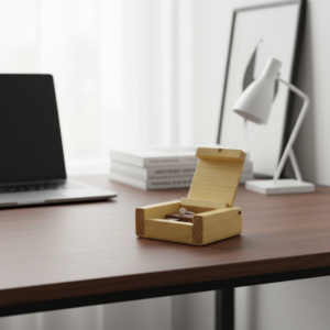 Small handcrafted wooden flip-top box holding a ring and USB drive.