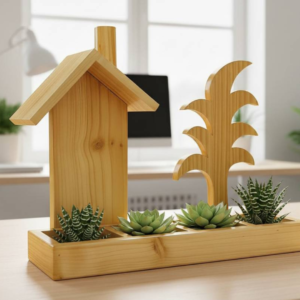 Handcrafted wooden house and tree silhouette planter with small succulents.