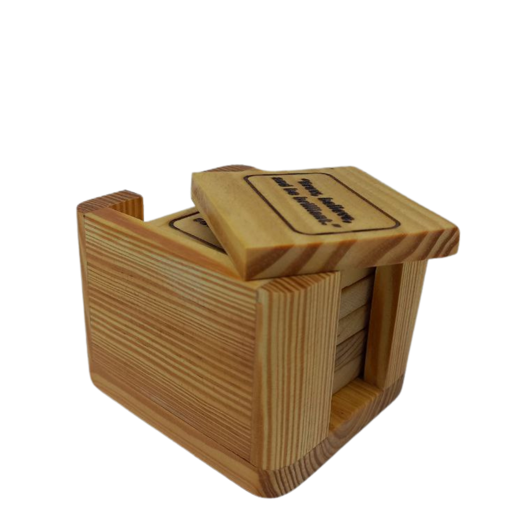 Handcrafted wooden coaster set with engraved inspirational coffee and tea quotes.