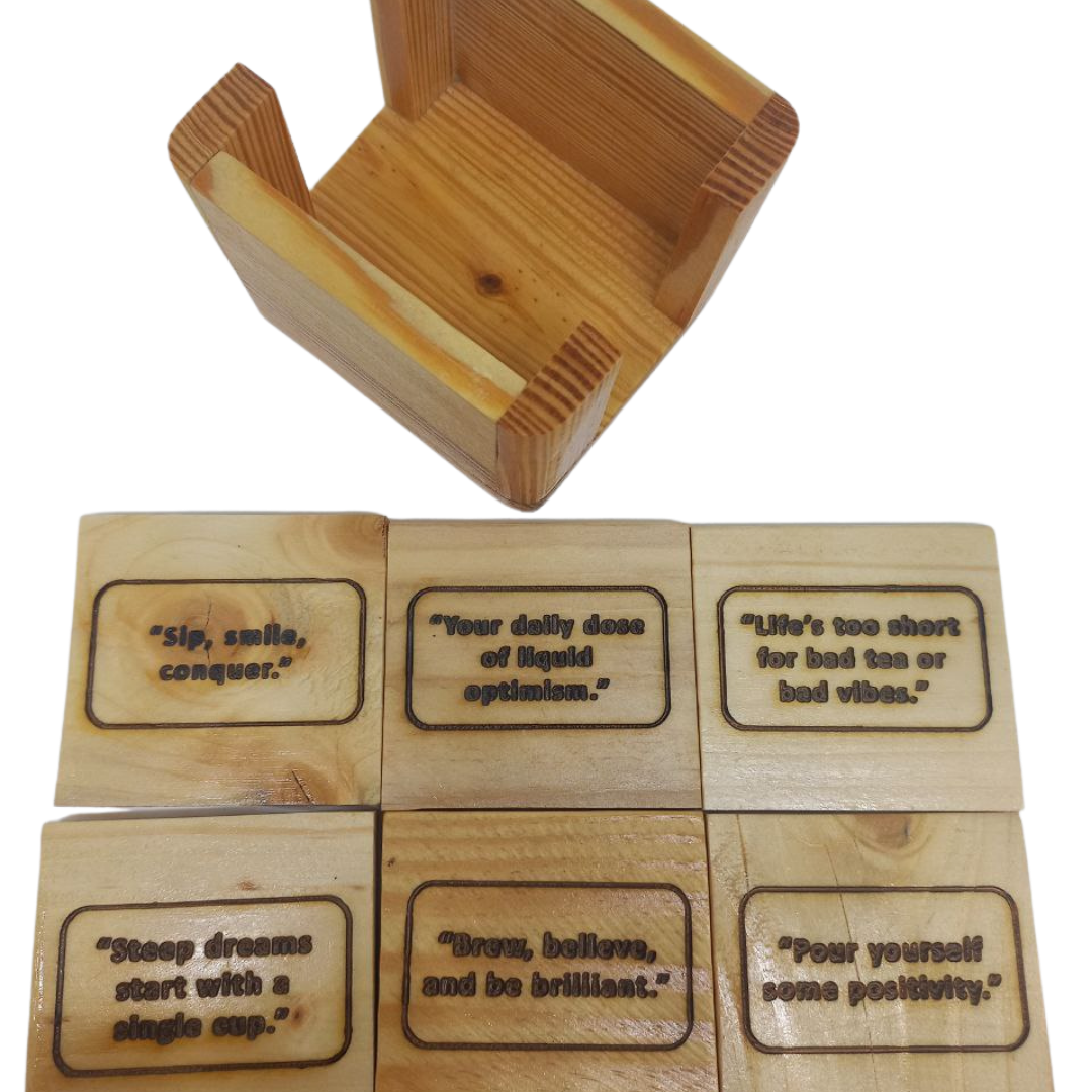 Handcrafted wooden coaster set with engraved inspirational coffee and tea quotes.