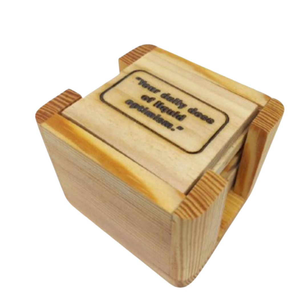 Handcrafted wooden coaster set with engraved inspirational coffee and tea quotes.