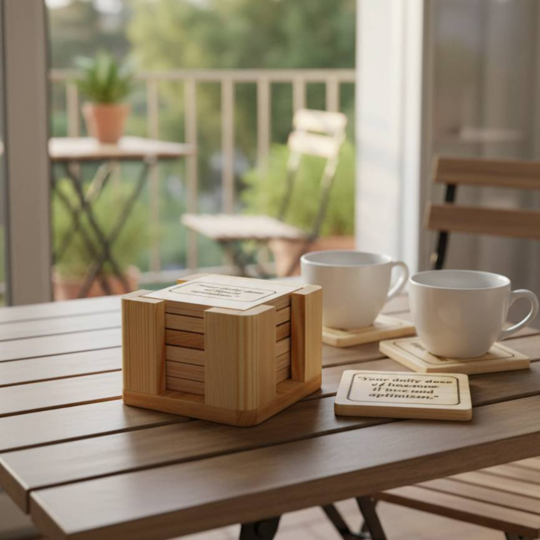 Handcrafted wooden coaster set with engraved inspirational coffee and tea quotes.
