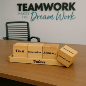 Handcrafted wooden blocks engraved with corporate values like Trust and Innovation in a matching tray.
