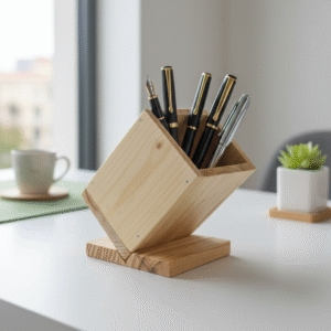 Inclined Pine Wood Pen Holder