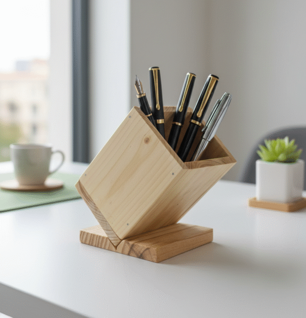 Inclined Pine Wood Pen Holder