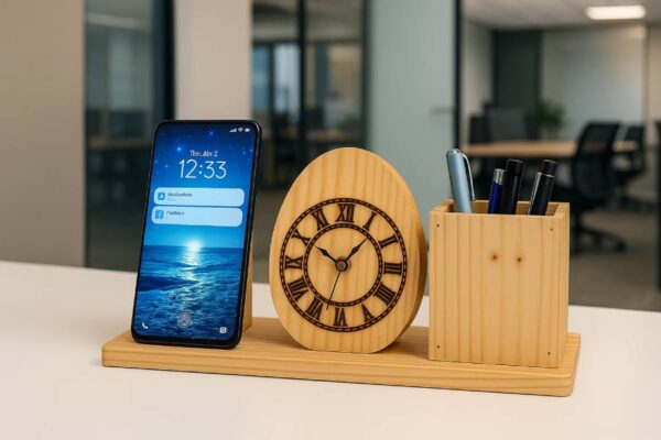 Table clock, mobile and pen holder