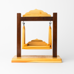 Handcrafted two-toned wooden miniature swing (Jhula) with a dark brown frame and light pine seat on a white background.