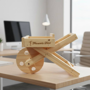 Small handcrafted wooden wheelbarrow model with "Transcento Decor" branding on a light wood office desk with a computer.