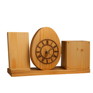 A pine wood desk organizer featuring an oval analog clock with Roman numerals, a vertical phone stand, and a square pen holder.