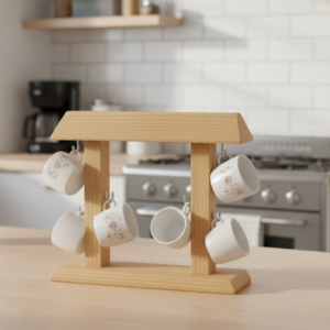 Handcrafted light wood coffee mug holder with 6 hooks in a Japanese Torii gate design on a kitchen counter.