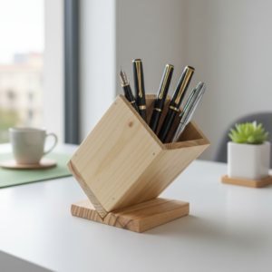 Handcrafted slanted wooden pen holder with engraved logo on a flat base.