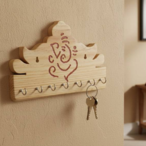 Handcrafted wooden key holder featuring a red laser-etched Lord Ganesha design with seven metal hooks for wall mounting.