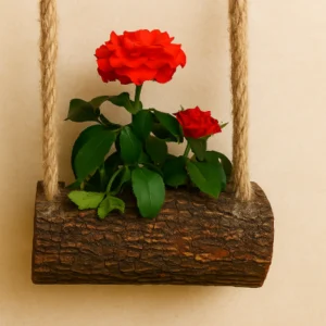 Wooden log planter with hanging ropes
