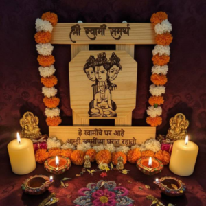 Handcrafted wooden plaque featuring Swami Samarth laser engraving and Marathi devotional text on a white background.